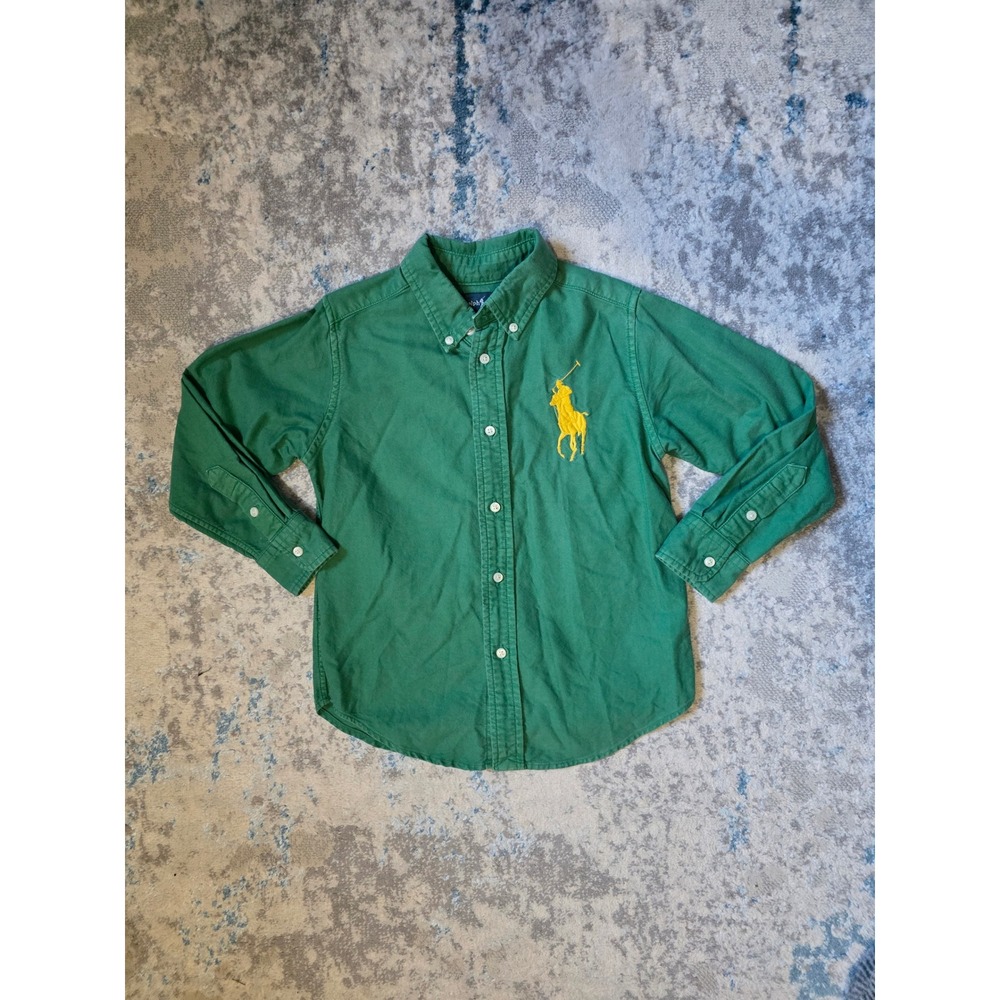 Ralph Lauren Boys 5 Green and‎ Yellow Big Pony Cotton Oxford Shirt Long Sleeve